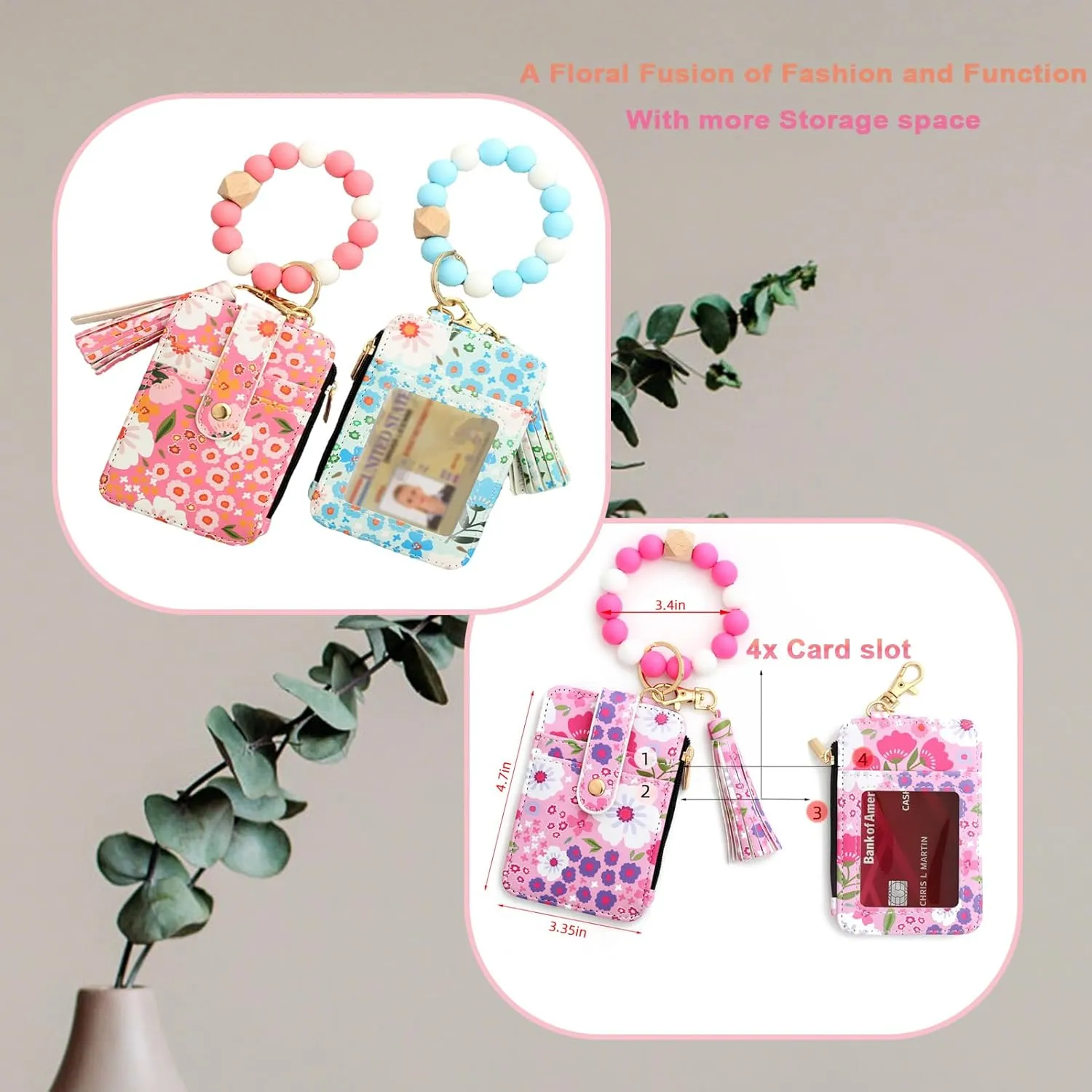 Wristlet Bracelet Keychain Credit Card Holder Purse, Zip Slim Wallet,Tassel Silicone Beaded Bangle Key Ring Wallet for Women