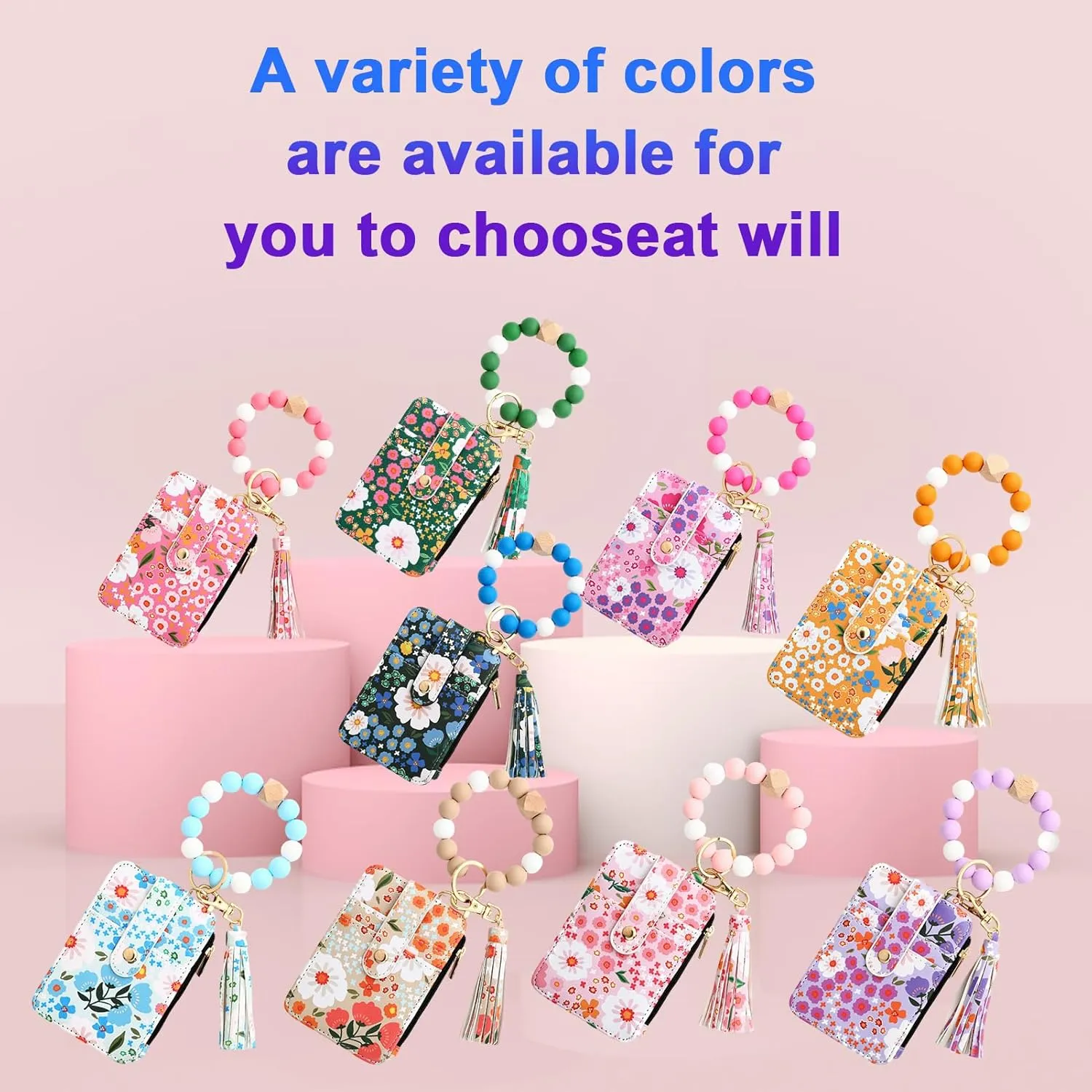Wristlet Bracelet Keychain Credit Card Holder Purse, Zip Slim Wallet,Tassel Silicone Beaded Bangle Key Ring Wallet for Women