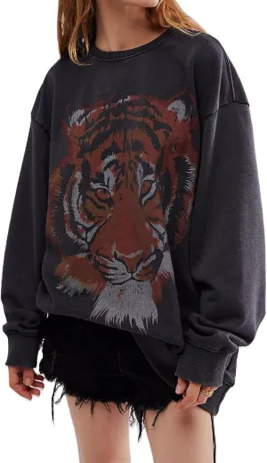Yoawdats Women's Oversized Crewneck Graphic sweatshirt Trendy Tiger Print Long Sleeve Loose Fit Pullovers Fall Casual Tops