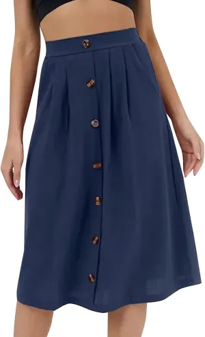 YOLAI Women A-Line Pleated Skirt Loose Button Down Business Work Skirt Flowy Swing High Waist Midi Skirt
