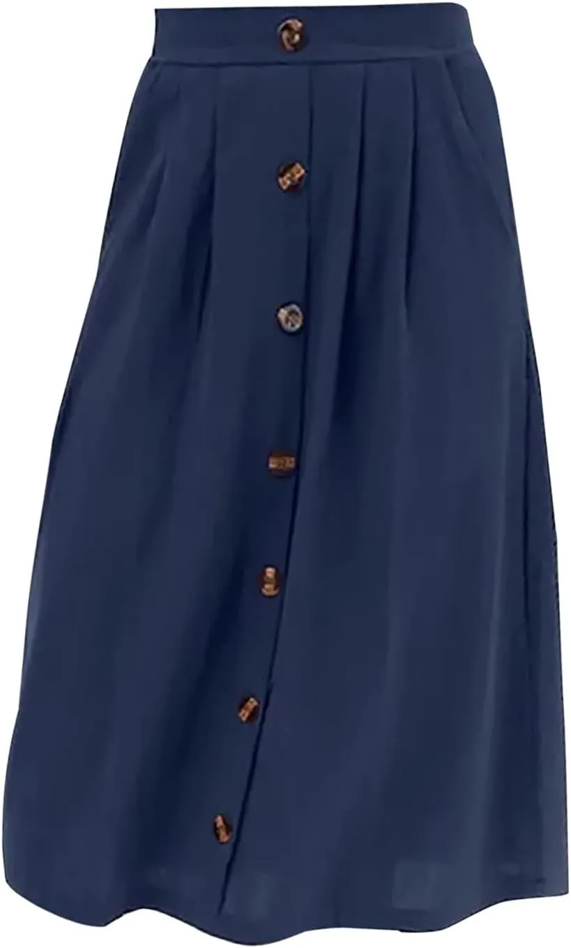 YOLAI Women A-Line Pleated Skirt Loose Button Down Business Work Skirt Flowy Swing High Waist Midi Skirt