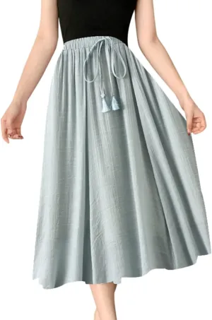YOLAI Women Cotton and Linen Skirt Solid Color Casual Pleated Skirt Elastic Waist Drawstring A-Line Swing Skirt