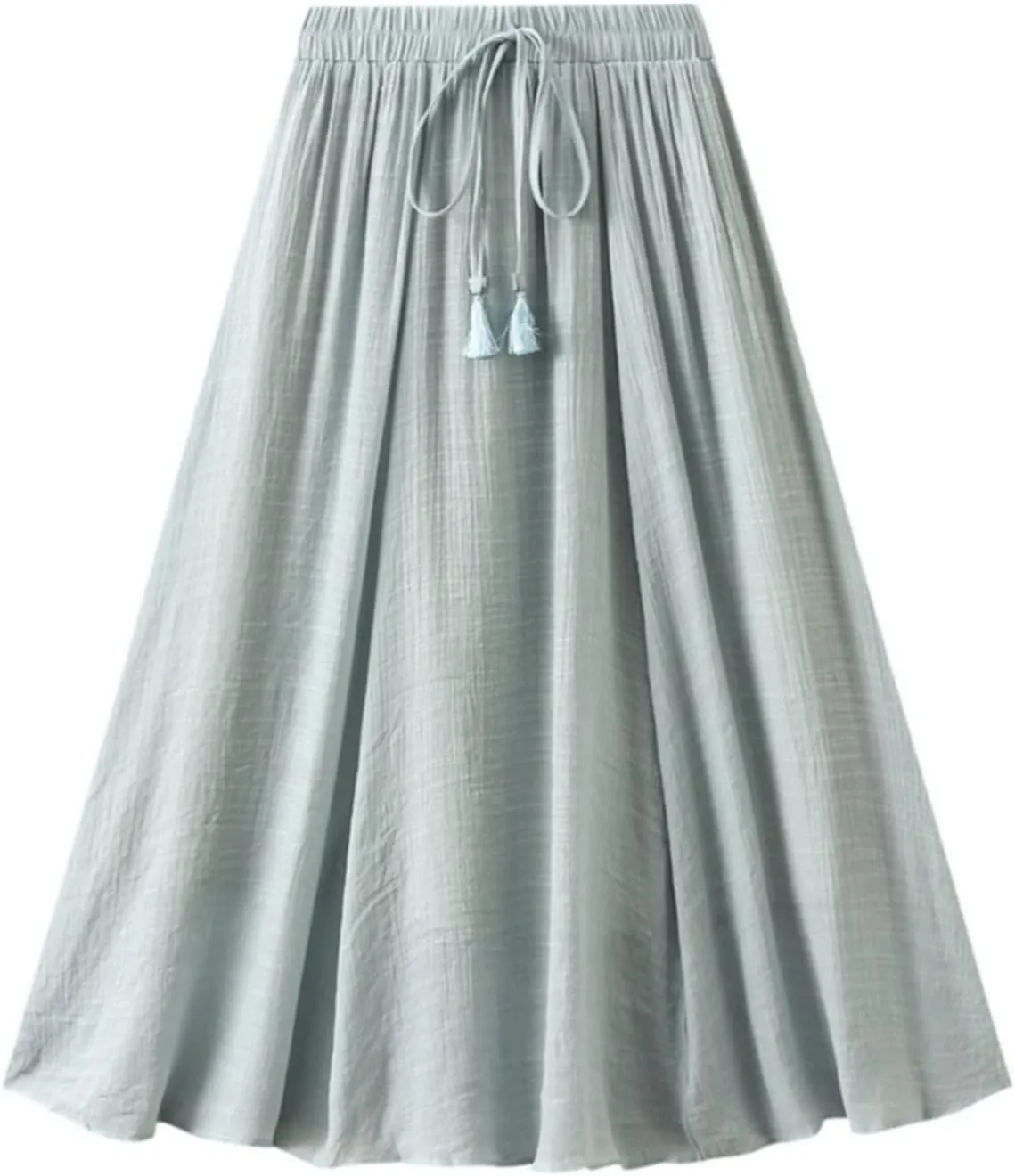YOLAI Women Cotton and Linen Skirt Solid Color Casual Pleated Skirt Elastic Waist Drawstring A-Line Swing Skirt