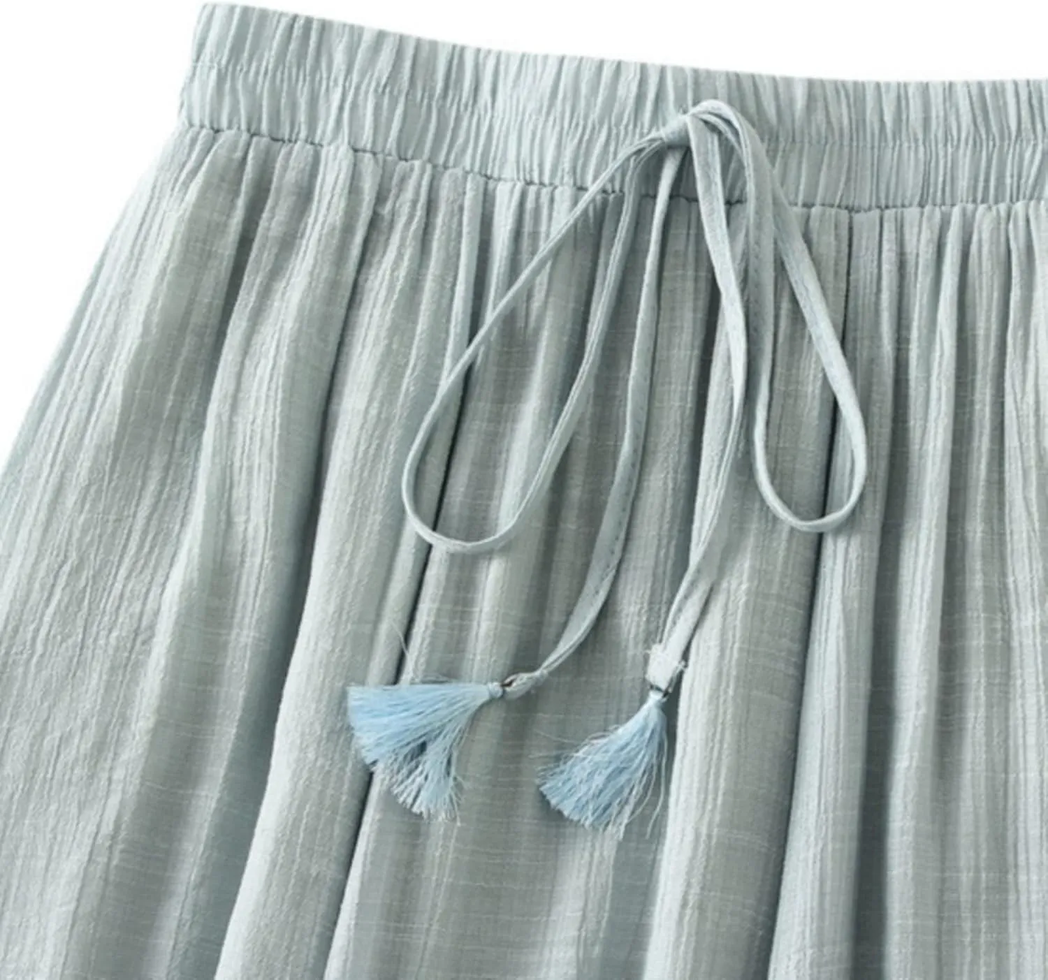 YOLAI Women Cotton and Linen Skirt Solid Color Casual Pleated Skirt Elastic Waist Drawstring A-Line Swing Skirt